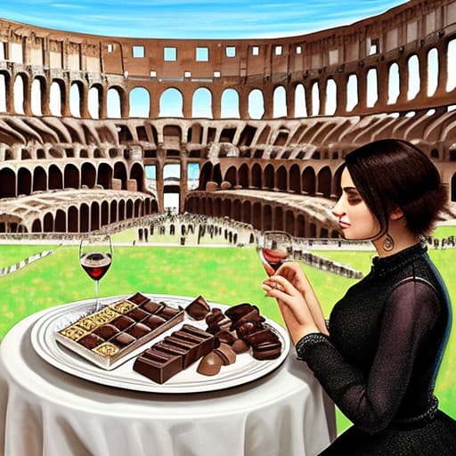  Attractive Beautiful young modern Italian couple dressed in modern designer attire looking. Foreground plates of fine dark chocolates on a table. Background Roman Colosseum. Painting style of Edgar Degas