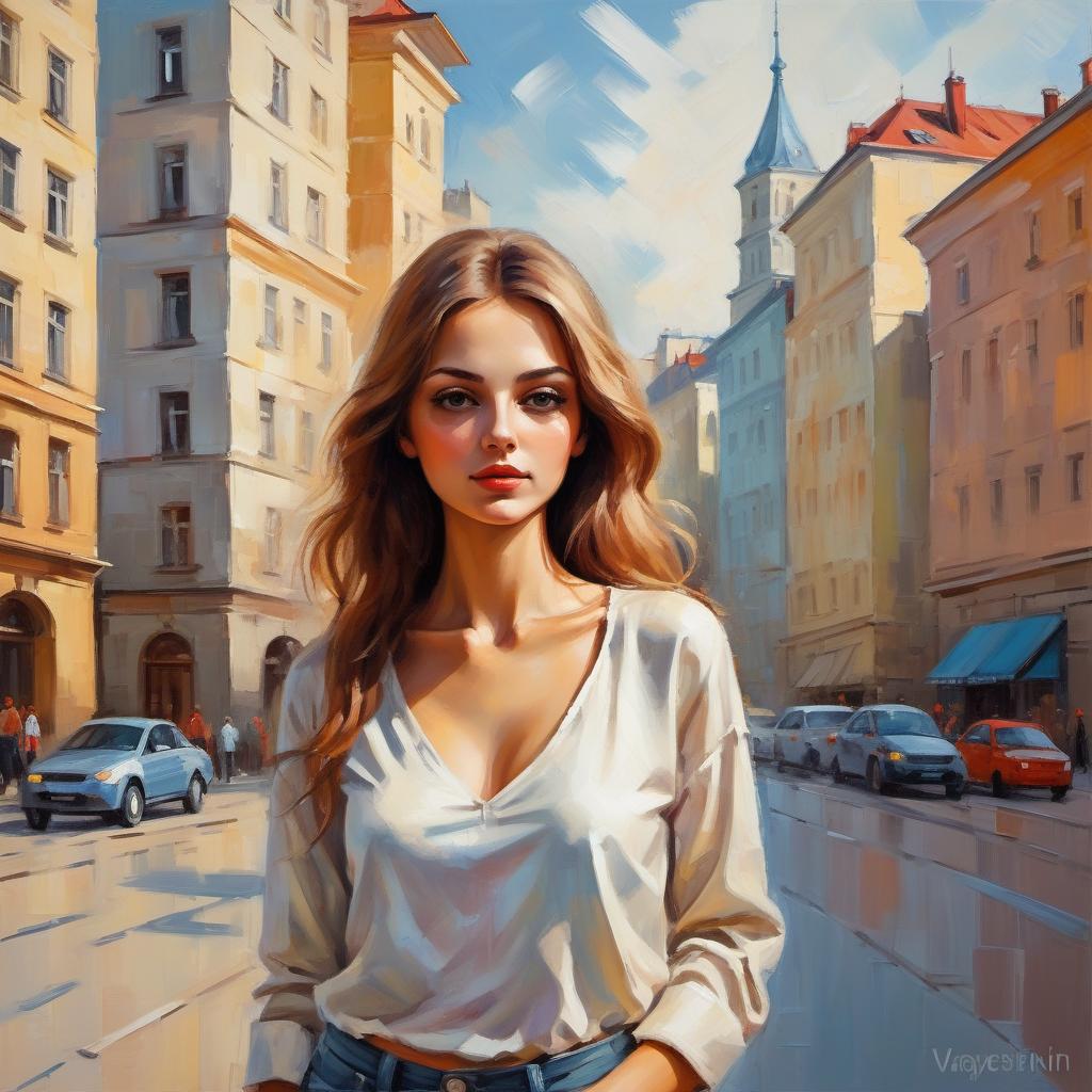  young woman in the city, in light clothes
acrylic painting,  illustration
in-the-nu-style,
Inspired by
mix style
Valery Barykin.
Vyacheslav Koretsky