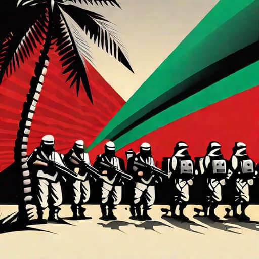  An illustration depicting Hamas forces, representing a threat to peace and stability, engaged in aggressive actions against innocent civilians, with a backdrop showcasing the ongoing conflict in the region. The illustration should be set during daytime, with a harsh lighting setting to convey the seriousness of the situation. The illustration style should be bold and impactful, using dynamic composition and vibrant colors such as red and black to portray the intensity of the conflict. Aspect ratio is 1:1. hyperrealistic, full body, detailed clothing, highly detailed, cinematic lighting, stunningly beautiful, intricate, sharp focus, f/1. 8, 85mm, (centered image composition), (professionally color graded), ((bright soft diffused light)), volumetric fog, trending on instagram, trending on tumblr, HDR 4K, 8K