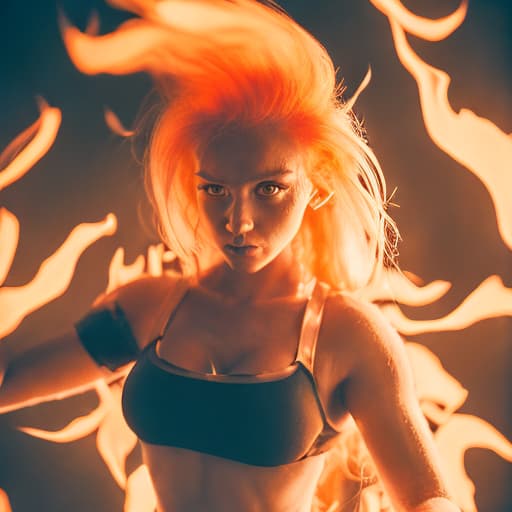 analog style Female super sayan, red goku kostüm. Perfekt body. Sayan hair, fire eyes, fire hands, high quality resolution hd