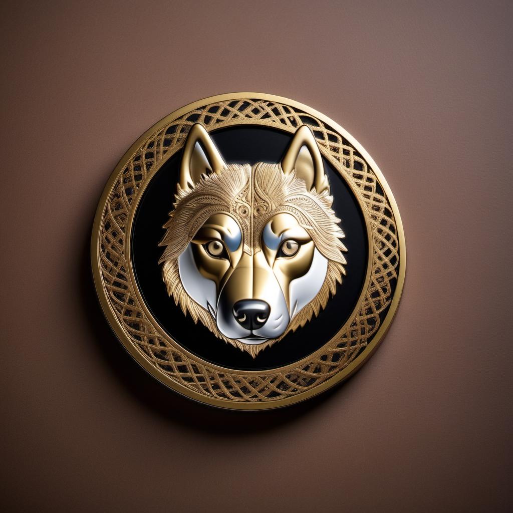  round token made of steel, gold, with an intricate pattern, realistic husky head