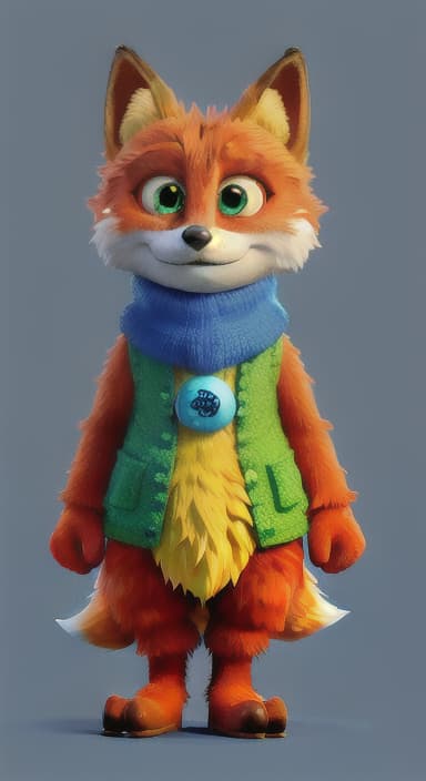  {Error the fox pressing the blue button with his paw, looking puzzled as nothing occurs., Error is a small, bright orange fox with a fluffy tail and big, inquisitive eyes. He has a mischievous yet kind expression and wears a tiny green scarf.