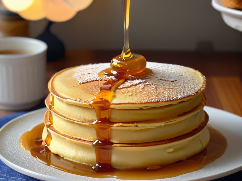  An ultradetailed closeup image of a honey dipper gently drizzling golden honey onto a stack of fluffy pancakes. The honey glistens in the light, emphasizing its natural sweetness and viscosity. The pancakes are perfectly cooked, with steam rising delicately from their surface, creating an inviting and appetizing scene. The background is a soft focus, highlighting the main subject and evoking a sense of warmth and comfort. hyperrealistic, full body, detailed clothing, highly detailed, cinematic lighting, stunningly beautiful, intricate, sharp focus, f/1. 8, 85mm, (centered image composition), (professionally color graded), ((bright soft diffused light)), volumetric fog, trending on instagram, trending on tumblr, HDR 4K, 8K