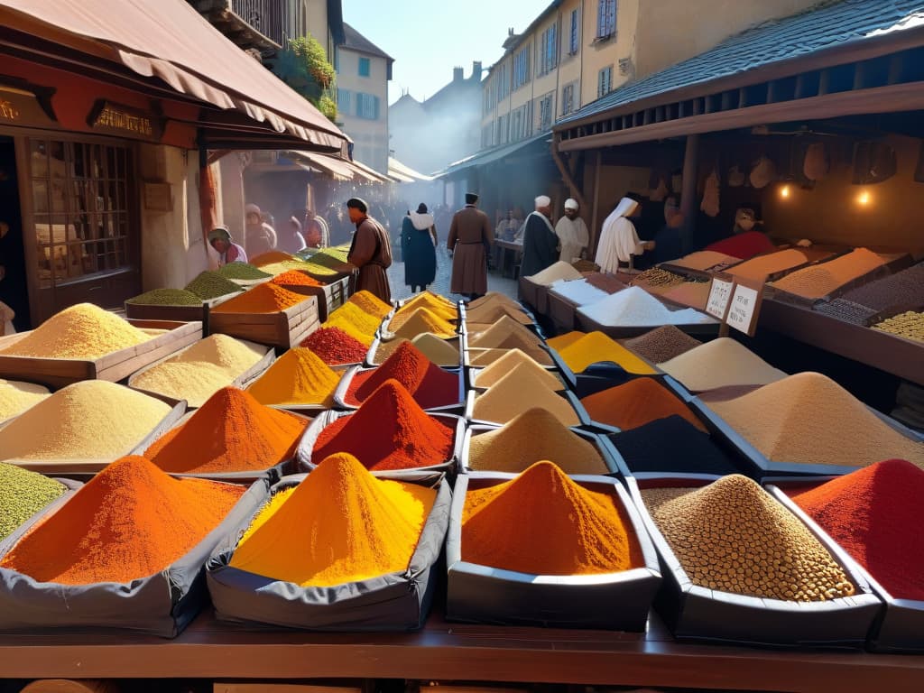  An ultradetailed and photorealistic image of a bustling medieval European marketplace, showcasing merchants selling a colorful array of exotic spices like cinnamon, nutmeg, cloves, and cardamom. The stalls are overflowing with sacks and barrels of aromatic spices, with the warm sunlight casting a golden hue over the scene. Customers in elaborate Renaissance attire are seen haggling with the vendors, creating a vibrant and historically accurate depiction of the spice trade in the 15th and 16th centuries. hyperrealistic, full body, detailed clothing, highly detailed, cinematic lighting, stunningly beautiful, intricate, sharp focus, f/1. 8, 85mm, (centered image composition), (professionally color graded), ((bright soft diffused light)), volumetric fog, trending on instagram, trending on tumblr, HDR 4K, 8K