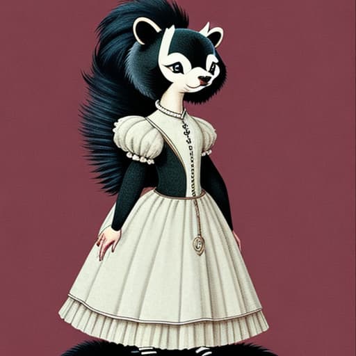  an anthropomorphic skunk girl in a dress