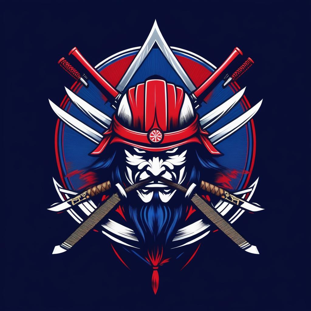  Emblem logo, with the written text “BLADE”, samurai theme, red and blue.