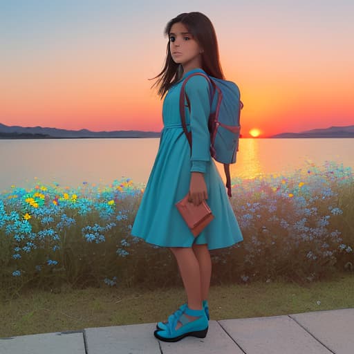  Girl with a backpack at sunset vestido celeste y zapatos celeste con flores