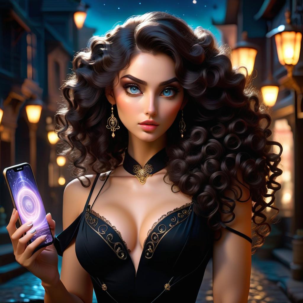  ethereal fantasy concept art of A girl with curly eyes, long dark hair, in a closed black dress, with a phone in her hand, at night. . magnificent, celestial, ethereal, painterly, epic, majestic, magical, fantasy art, cover art, dreamy hyperrealistic, full body, detailed clothing, highly detailed, cinematic lighting, stunningly beautiful, intricate, sharp focus, f/1. 8, 85mm, (centered image composition), (professionally color graded), ((bright soft diffused light)), volumetric fog, trending on instagram, trending on tumblr, HDR 4K, 8K