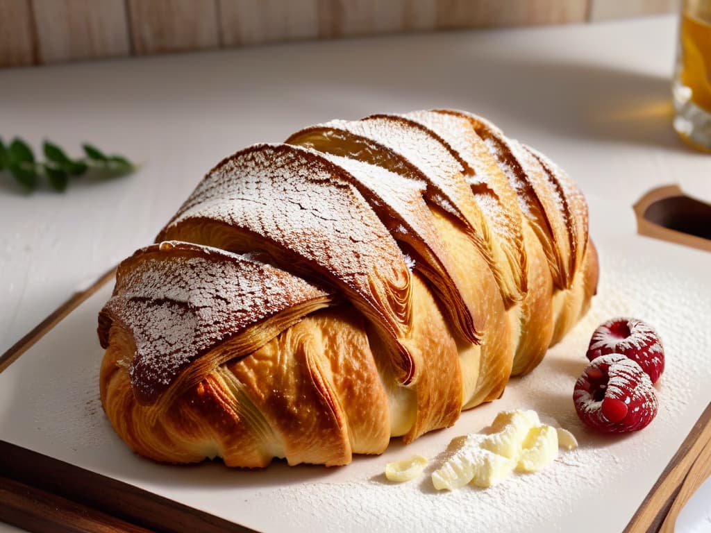  A closeup, highresolution image of a perfectly golden and flaky croissant split in half, showcasing the delicate layers and texture inside. The pastry should be placed on a rustic wooden cutting board, with a light dusting of powdered sugar on top, and a few scattered fresh raspberries around it. The lighting should be soft, casting gentle shadows to highlight the intricate details of the croissant's structure, emphasizing the importance of selecting the right fats for achieving such a desirable texture in pastry. hyperrealistic, full body, detailed clothing, highly detailed, cinematic lighting, stunningly beautiful, intricate, sharp focus, f/1. 8, 85mm, (centered image composition), (professionally color graded), ((bright soft diffused light)), volumetric fog, trending on instagram, trending on tumblr, HDR 4K, 8K