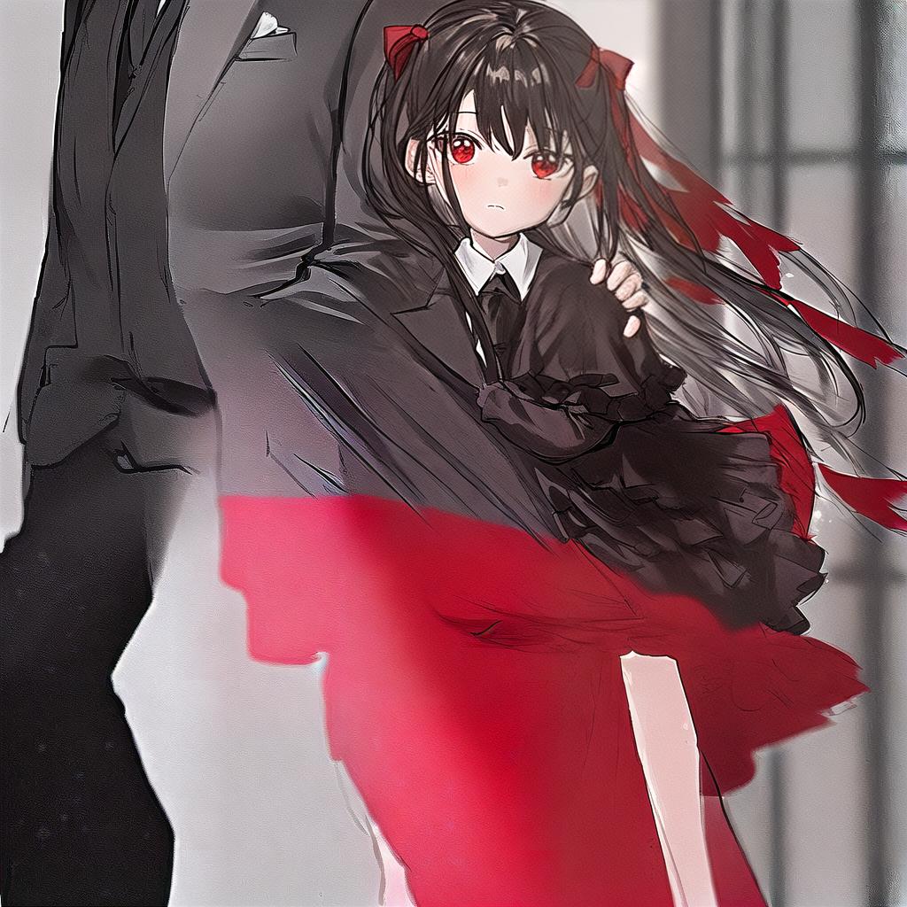  A father wearing a black suit carries a young girl wearing a red dress with a bow.