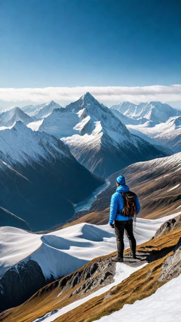  A majestic mountain range with snow capped peaks under a clear blue sky. hyperrealistic, full body, detailed clothing, highly detailed, cinematic lighting, stunningly beautiful, intricate, sharp focus, f/1. 8, 85mm, (centered image composition), (professionally color graded), ((bright soft diffused light)), volumetric fog, trending on instagram, trending on tumblr, HDR 4K, 8K