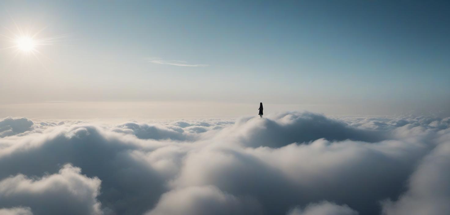  A long haired girl walks on the clouds and pulls a hand from the silhouette of a distant man. hyperrealistic, full body, detailed clothing, highly detailed, cinematic lighting, stunningly beautiful, intricate, sharp focus, f/1. 8, 85mm, (centered image composition), (professionally color graded), ((bright soft diffused light)), volumetric fog, trending on instagram, trending on tumblr, HDR 4K, 8K