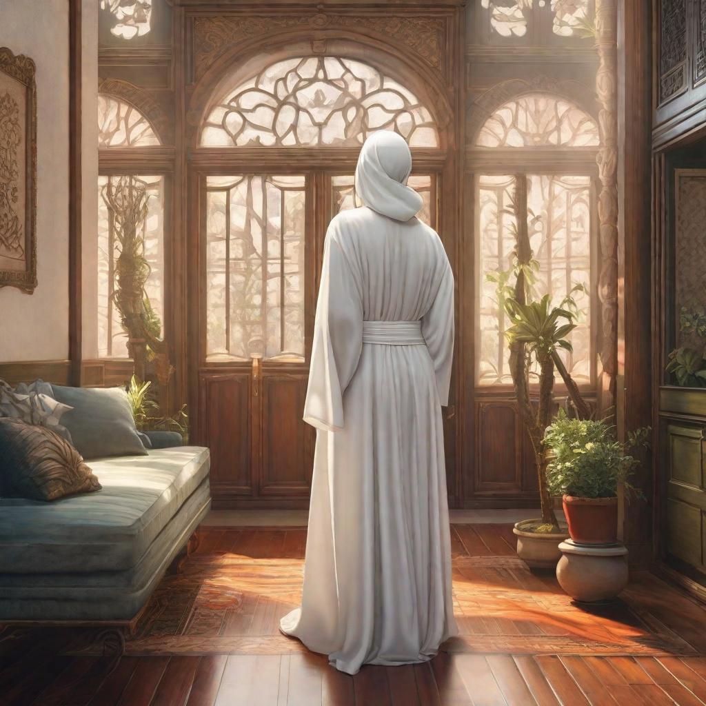  An image shows a man wearing a white abaya carrying a paper entering a room., anime concept art by Hayao Miyazaki, featured on pixiv, fantasy art, concept art, official art, high detailed hyperrealistic, full body, detailed clothing, highly detailed, cinematic lighting, stunningly beautiful, intricate, sharp focus, f/1. 8, 85mm, (centered image composition), (professionally color graded), ((bright soft diffused light)), volumetric fog, trending on instagram, trending on tumblr, HDR 4K, 8K