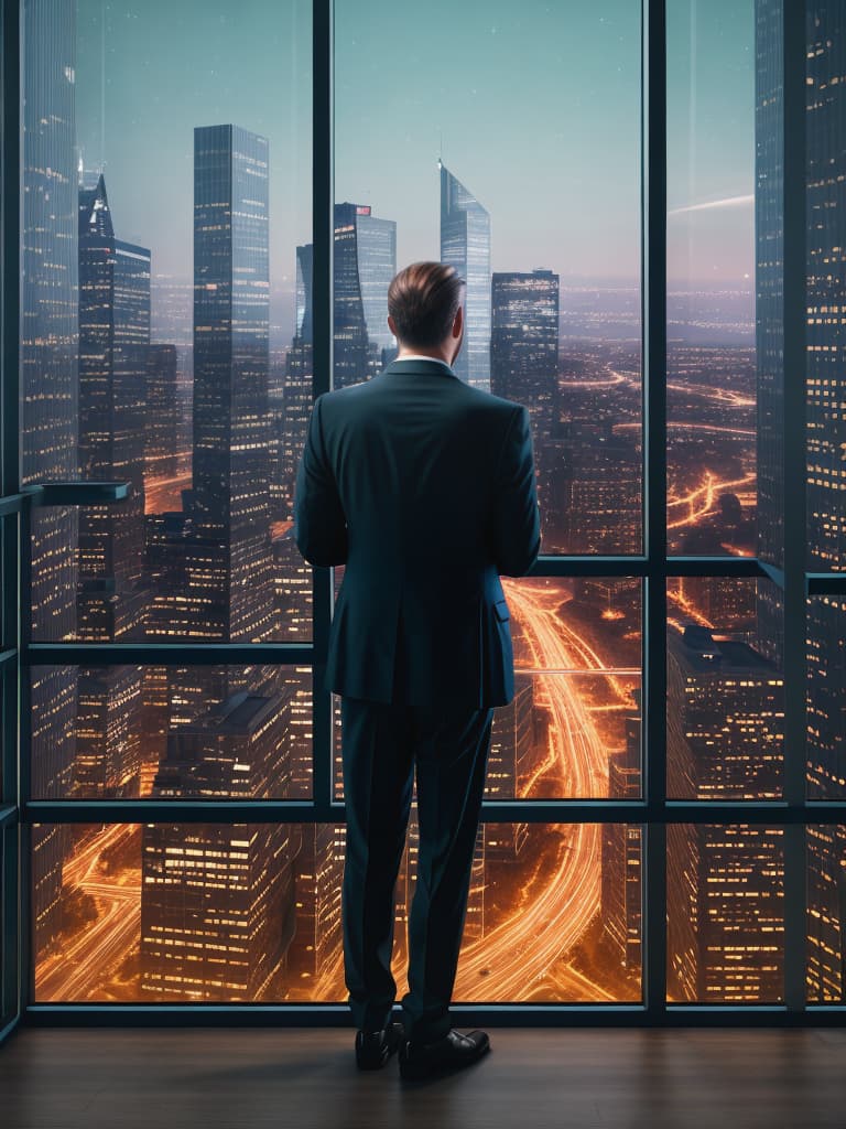  Photo of a thoughtful businessman looking out the window with city lights and technological elements in the background, wide angle, sharp, very detailed, warm lighting, trending on artstation, masterpiece, award winning,