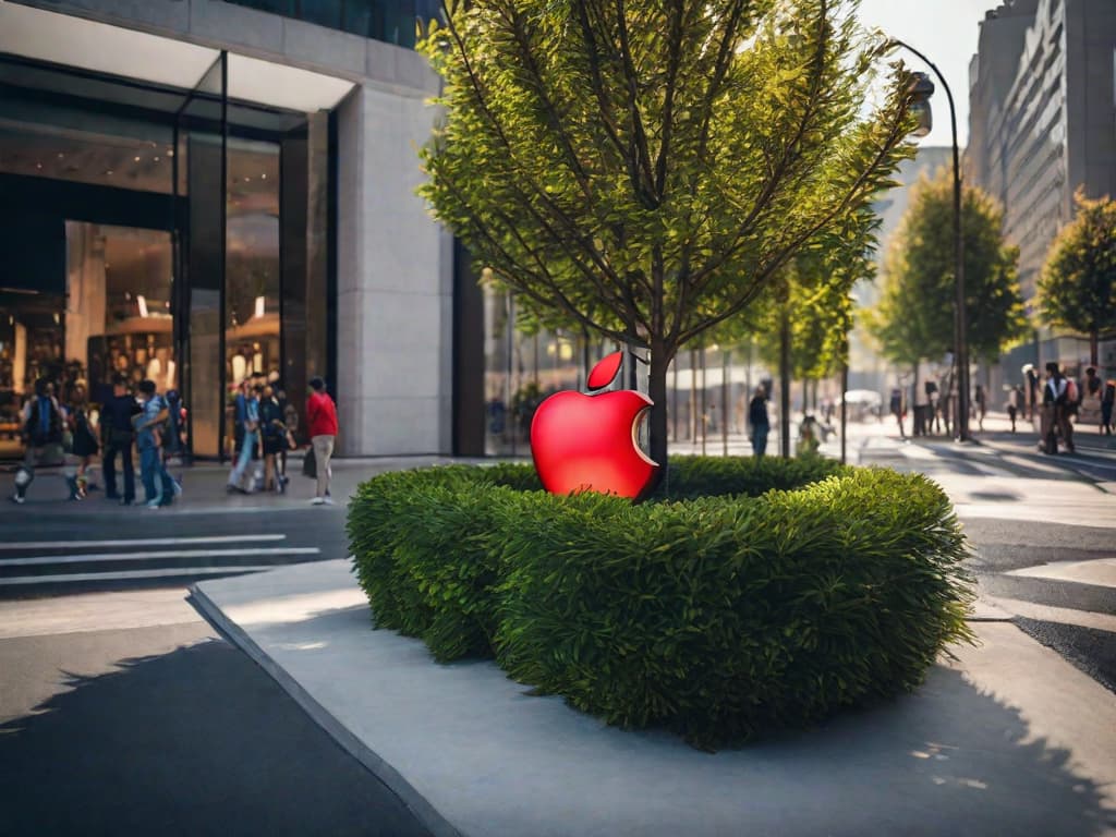  A crisp image of a shiny Apple logo on the exterior of a modern Apple Store, reflecting the bustling city life around it, symbolizing the company's financial power and market influence. digital art, ilustration, no flares, clean hyperrealistic, full body, detailed clothing, highly detailed, cinematic lighting, stunningly beautiful, intricate, sharp focus, f/1. 8, 85mm, (centered image composition), (professionally color graded), ((bright soft diffused light)), volumetric fog, trending on instagram, trending on tumblr, HDR 4K, 8K