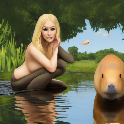  A realistic photograph of a blond woman with an hourglass figure with a capybara next to a pond with lili pads