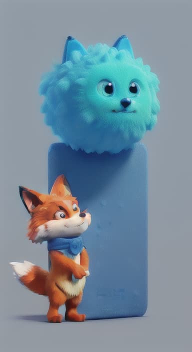  {Error the fox pressing the blue button with his paw, looking puzzled as nothing occurs., Error is a small, bright orange fox with a fluffy tail and big, inquisitive eyes. He has a mischievous yet kind expression and wears a tiny green scarf.