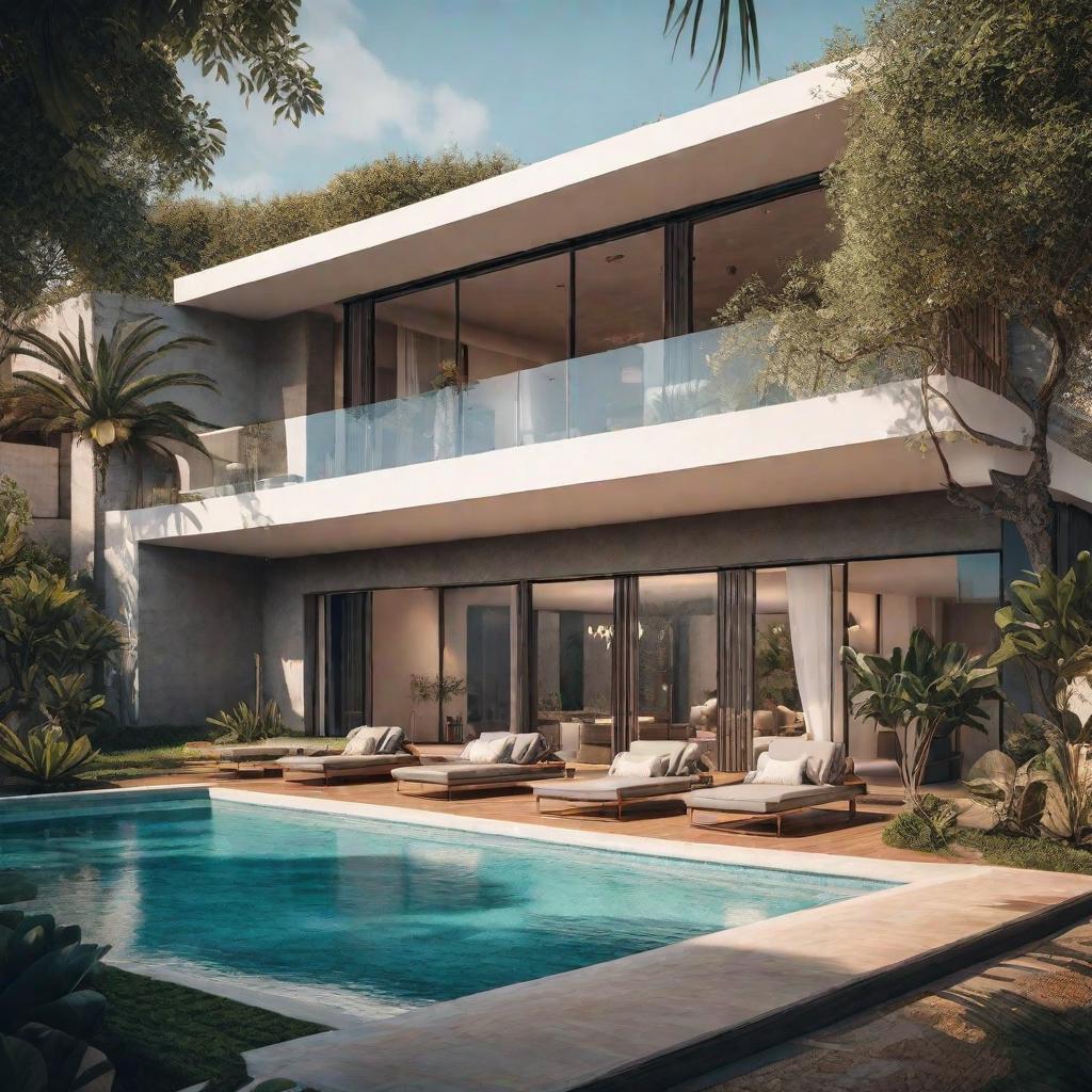  Casa con piscina hyperrealistic, full body, detailed clothing, highly detailed, cinematic lighting, stunningly beautiful, intricate, sharp focus, f/1. 8, 85mm, (centered image composition), (professionally color graded), ((bright soft diffused light)), volumetric fog, trending on instagram, trending on tumblr, HDR 4K, 8K