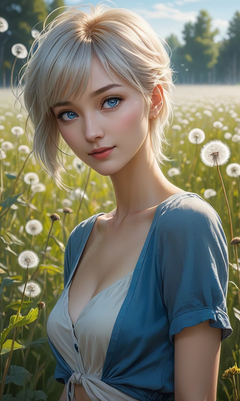  impressionistic pencil painting by Sasha Luss, {young anime , thin, very small s, posing smiling while standing upside down, in the background there is a field with dandelions, holding a huge dandelion, short hair in a mess, big blue eyes, sleep deprived look, detailed arms, detailed legs}. free brushwork, bright colors, play of light and shadows, feeling is more important than form. hyperrealistic, full body, detailed clothing, highly detailed, cinematic lighting, stunningly beautiful, intricate, sharp focus, f/1. 8, 85mm, (centered image composition), (professionally color graded), ((bright soft diffused light)), volumetric fog, trending on instagram, trending on tumblr, HDR 4K, 8K