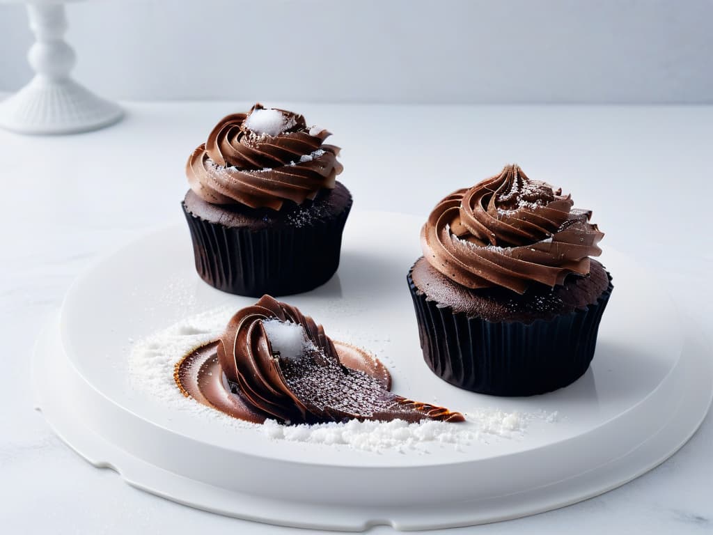  A closeup, ultradetailed image of two identical chocolate cupcakes side by side on a sleek, white marble countertop. The cupcake on the left is beautifully decorated with a sprinkle of fleur de sel, glistening under soft, natural light. The cupcake on the right features a dusting of regular table salt, starkly contrasting the delicate crystals of the sea salt. The textures and nuances of the salts are captured in exquisite detail, showcasing the subtle but transformative difference in using sea salt in baking. hyperrealistic, full body, detailed clothing, highly detailed, cinematic lighting, stunningly beautiful, intricate, sharp focus, f/1. 8, 85mm, (centered image composition), (professionally color graded), ((bright soft diffused light)), volumetric fog, trending on instagram, trending on tumblr, HDR 4K, 8K