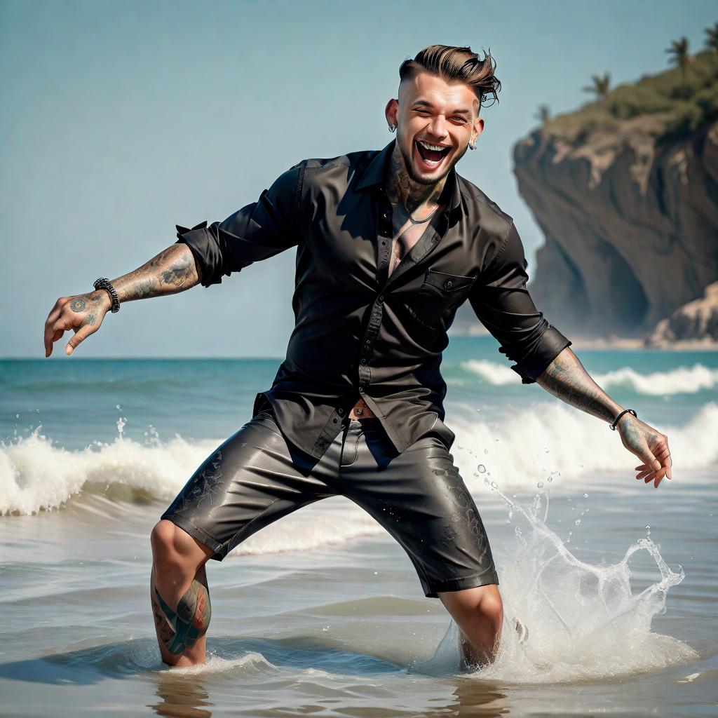  (best quality, masterpiece), (((high detail))), A handsome man with tattoos with an open black button down shirt dances in the sea and is happy and kicks in the water and squirts