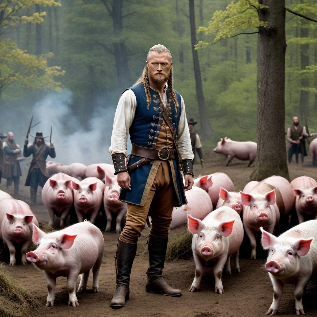  Ragnar Lothbrok, famous Viking chieftain from the TV series, dressed as a 1776 American Patriot. He should be wearing typical 18th-century colonial attire, including a tricorn hat, a blue and red uniform coat, and breeches. He is casting pearls before swine, such that he is holding a string of pearls and tossing them towards a group of pigs. The scene should have a historical ambiance, with a rustic, Revolutionary War-era setting in the background. hyperrealistic, full body, detailed clothing, highly detailed, cinematic lighting, stunningly beautiful, intricate, sharp focus, f/1. 8, 85mm, (centered image composition), (professionally color graded), ((bright soft diffused light)), volumetric fog, trending on instagram, trending on tumblr, HDR 4K, 8K