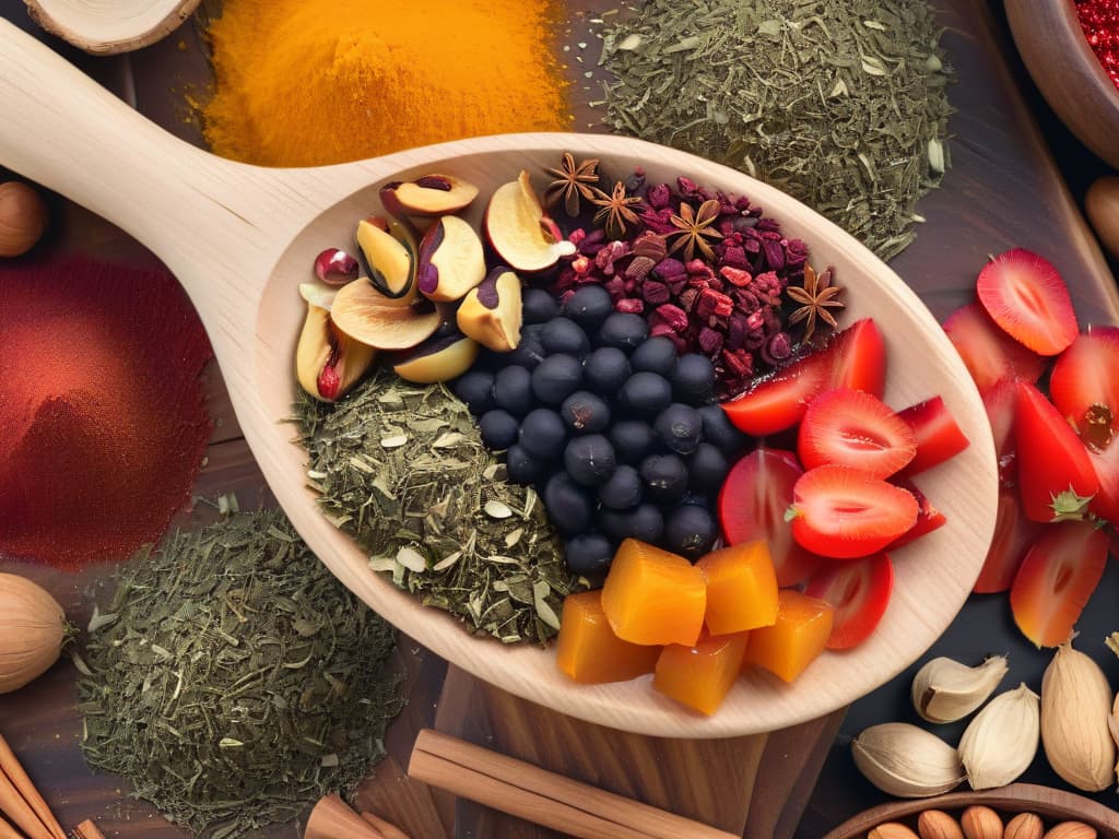  A closeup, ultradetailed image of a wooden spoon filled with a colorful mix of fair trade dried fruits and spices against a plain, white background. The vibrant hues of the fruits and spices pop against the natural wood, showcasing the ethical and organic nature of the ingredients. The lighting is soft, emphasizing the textures and rich colors of the fair trade produce. hyperrealistic, full body, detailed clothing, highly detailed, cinematic lighting, stunningly beautiful, intricate, sharp focus, f/1. 8, 85mm, (centered image composition), (professionally color graded), ((bright soft diffused light)), volumetric fog, trending on instagram, trending on tumblr, HDR 4K, 8K