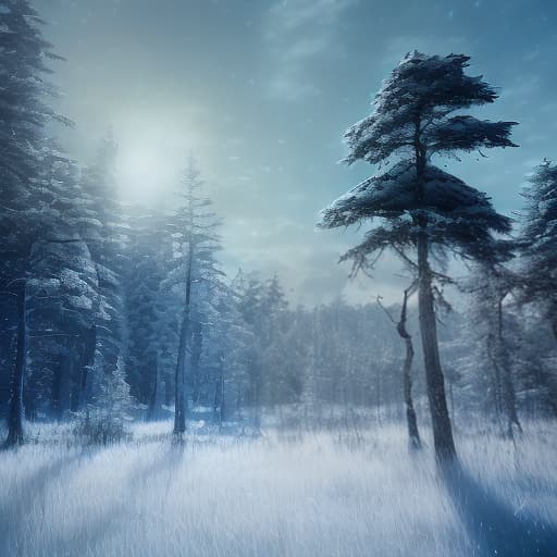 redshift style Mysterious atmosphere Snowy forest. Light gray clouds. Beautiful. Sparkling. Light sky blue. Wide field