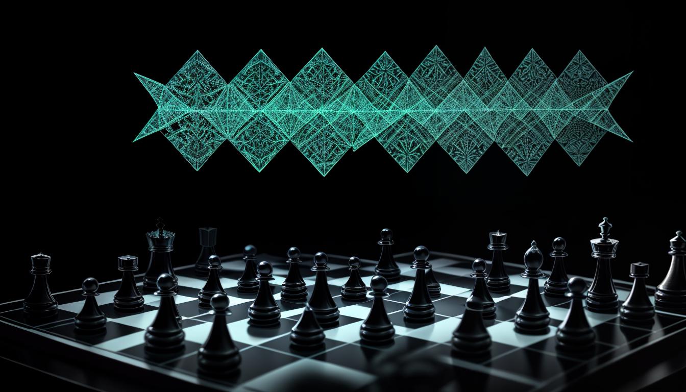  Neuro enlightenmentAn intricate chessboard set against a serene background, pieces in mid move, strategy in motion, planning, thoughtful approach, 4k, HDR, sleek, modern design, vibrant, interactive visuals, contemporary aesthetics, highly engaging, mind expanding