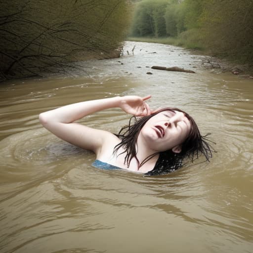  woman's head sinking in the river she looks panic