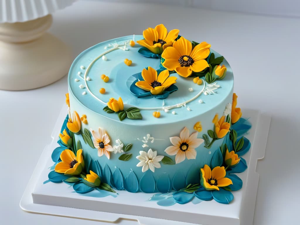  A closeup, ultradetailed image of a delicate miniature cake decorated with intricate floral designs using edible paint. The petals are meticulously shaded with gradients of pastel colors, each detail highlighting the skill and precision of the artist. The tiny cake sits on a pristine white backdrop, emphasizing the artistry and craftsmanship of the edible painting technique, making it a visually stunning and inspiring image for the article on advanced techniques of applying edible paint in pastry decoration. hyperrealistic, full body, detailed clothing, highly detailed, cinematic lighting, stunningly beautiful, intricate, sharp focus, f/1. 8, 85mm, (centered image composition), (professionally color graded), ((bright soft diffused light)), volumetric fog, trending on instagram, trending on tumblr, HDR 4K, 8K