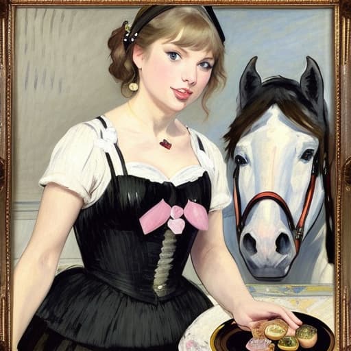  Happy beautiful Taylor Swift with pink cheeks and streaks of sunshine, gazing at a piece of fine dark chocolate, painted in the style of Édouard Manet. Foreground has a plate of fine dark chocolates on a coffee table. Background has a thoroughbred horses, white horse fences, limestone fences