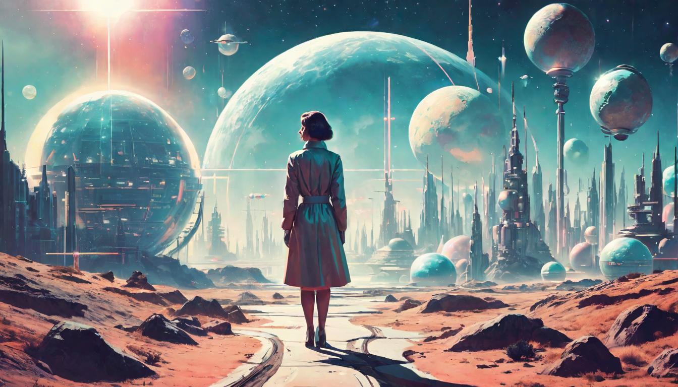  retro futuristic A solitary woman standing at a crossroads, holographic globes of various worlds in each hand, contemplating possibilities, horizon blending day and night lvintage sci fi, 50s and 60s style, atomic age, vibrant, highly detailed