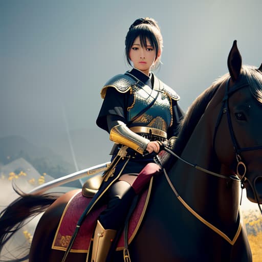  A Christian Holy paladin beautiful girl magical samurai uses katana loves God with her heart, her favorite colors are black, gold and pink, she golden rays come from her body ful body she reads her Bible,wearing glasses you can see her lags she rides a horse , hyperrealistic, high quality, highly detailed, cinematic lighting, intricate, sharp focus, f/1. 8, 85mm, (centered image composition), (professionally color graded), ((bright soft diffused light)), volumetric fog, trending on instagram, HDR 4K, 8K