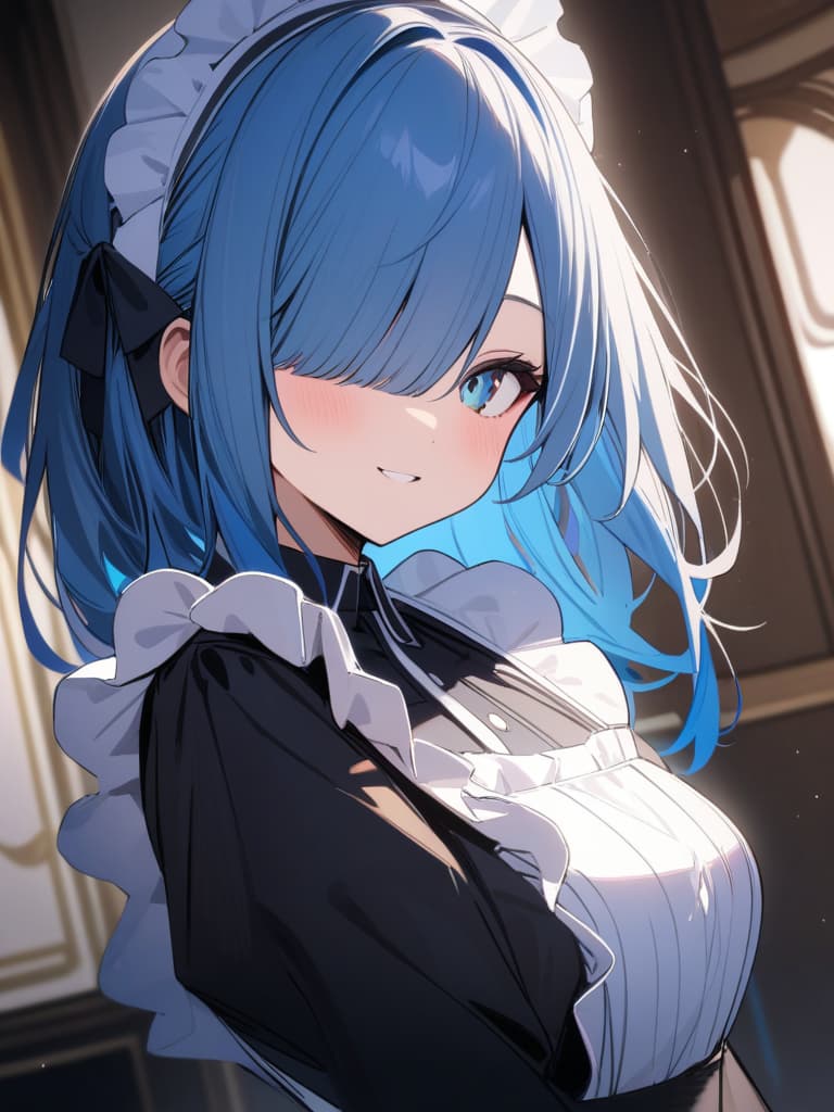  ultra detailed:1.2masterpiece:1.2,best quality,masterpiece,bestquality,hdr:1.1,8k:1.1,very cute :1.3,long hair forehead :1.4,hair hair over eyes,(blue hair )(maid :1.4, smile ,upper body,Dutch angles:1.3,luxury room:1.3,celtic patterns:1.2,face focus, masterpiece, best quality,8k,ultra detailed,high resolution,an extremely delicate and beautiful,hyper detail