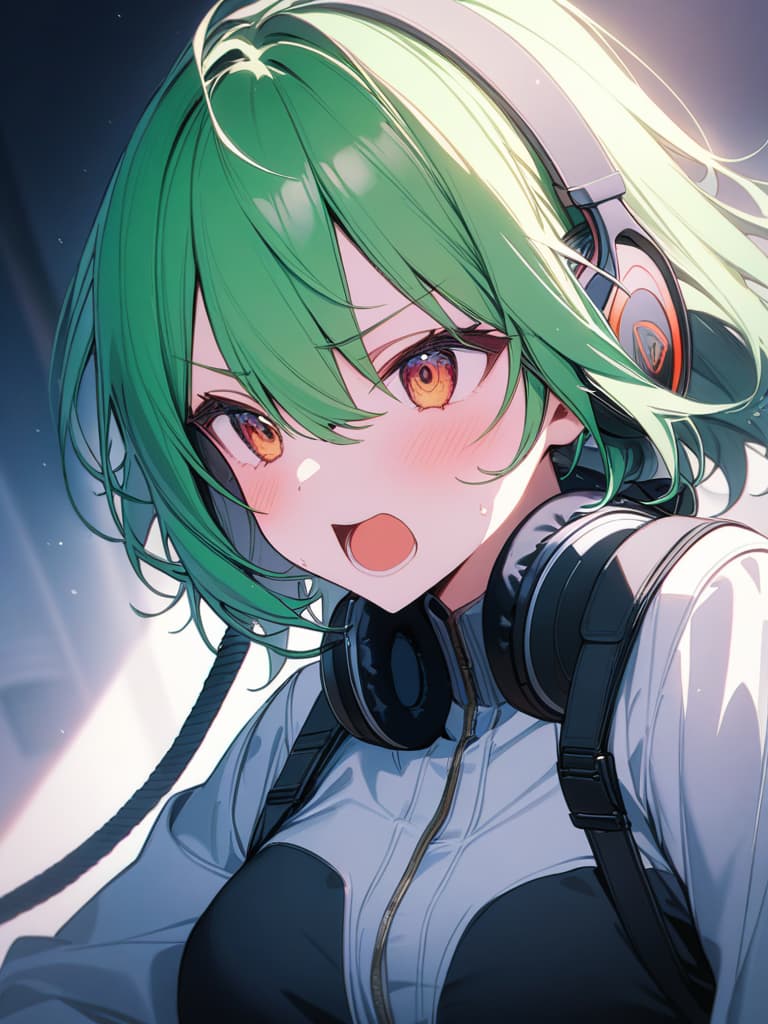  Green haired beautiful girl character with headphones, shouting, masterpiece, best quality,8k,ultra detailed,high resolution,an extremely delicate and beautiful,hyper detail