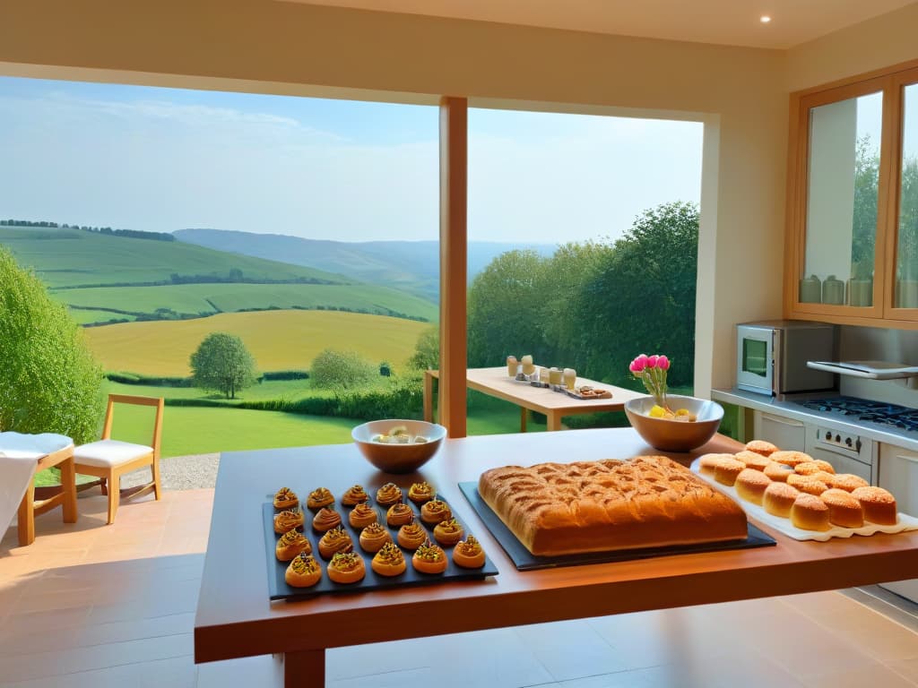  An ultradetailed, minimalist illustration of a serene bakery retreat nestled in a lush countryside. The image showcases a modern, sleek kitchen filled with highend baking equipment, a large wooden table adorned with freshly baked goods, and large windows overlooking rolling hills and blooming trees. The color palette is soft and calming, with a focus on natural tones like beige, green, and brown, creating a peaceful and inspiring atmosphere for aspiring pastry chefs. hyperrealistic, full body, detailed clothing, highly detailed, cinematic lighting, stunningly beautiful, intricate, sharp focus, f/1. 8, 85mm, (centered image composition), (professionally color graded), ((bright soft diffused light)), volumetric fog, trending on instagram, trending on tumblr, HDR 4K, 8K