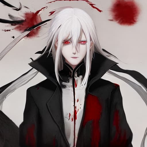  Create me an anime image, in which there is a ager with white hair with dark circles and blood-red eyes, and who also has black clothes.
He has to be flying in the sky of the city and have a lock of blood-stained hair on his head.