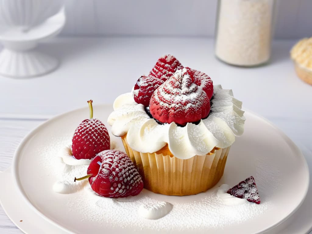  A closeup, ultradetailed image of a delicate, perfectly golden lowcalorie cupcake topped with a single fresh raspberry, resting on a sleek, modern white plate with a subtle sprinkle of powdered sugar, all set against a soft, blurred background to emphasize the simplicity and elegance of the dessert. hyperrealistic, full body, detailed clothing, highly detailed, cinematic lighting, stunningly beautiful, intricate, sharp focus, f/1. 8, 85mm, (centered image composition), (professionally color graded), ((bright soft diffused light)), volumetric fog, trending on instagram, trending on tumblr, HDR 4K, 8K