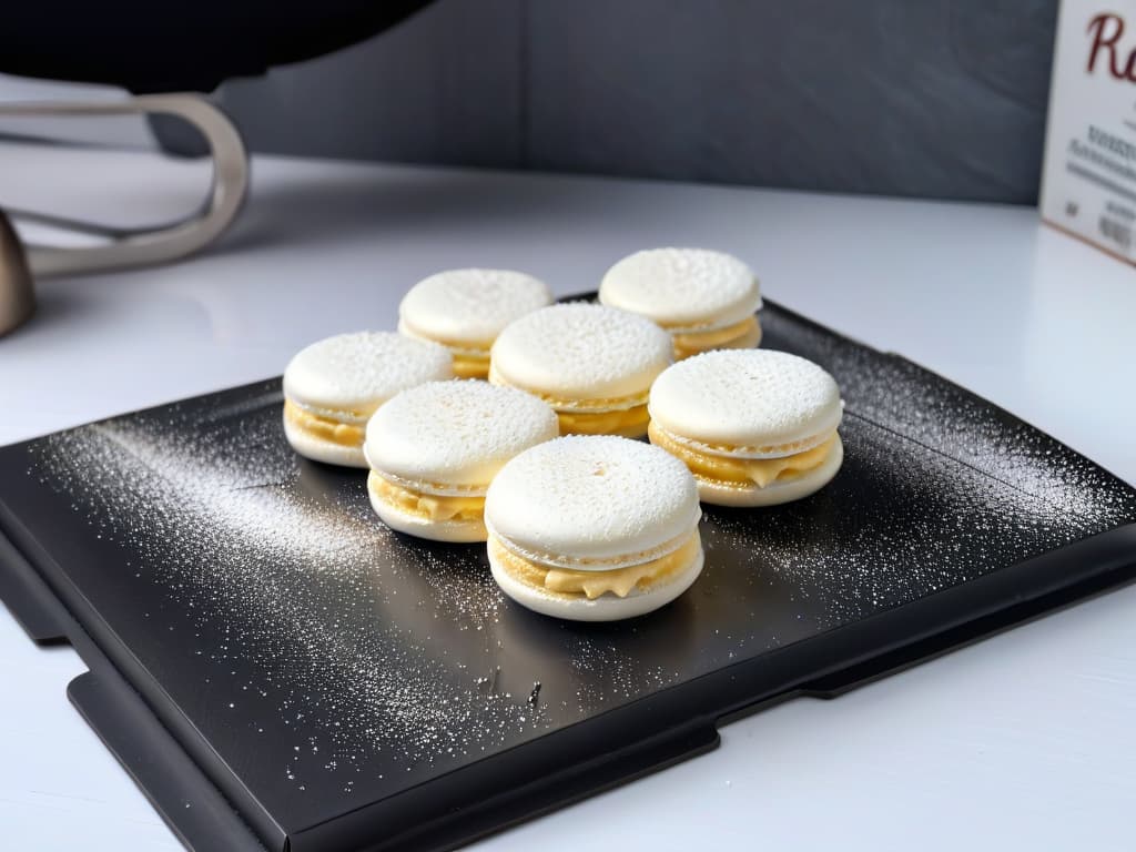  A closeup, ultradetailed image of a beautifully crafted glutenfree macaron, showcasing delicate ridges and a perfectly smooth surface, dusted with a light sprinkle of powdered sugar. The macaron sits on a sleek, matte black plate, set against a soft, blurred background that subtly hints at a modern kitchen environment, with a hint of stainless steel appliances reflecting ambient light. This minimalist image conveys elegance, precision, and a touch of culinary sophistication. hyperrealistic, full body, detailed clothing, highly detailed, cinematic lighting, stunningly beautiful, intricate, sharp focus, f/1. 8, 85mm, (centered image composition), (professionally color graded), ((bright soft diffused light)), volumetric fog, trending on instagram, trending on tumblr, HDR 4K, 8K