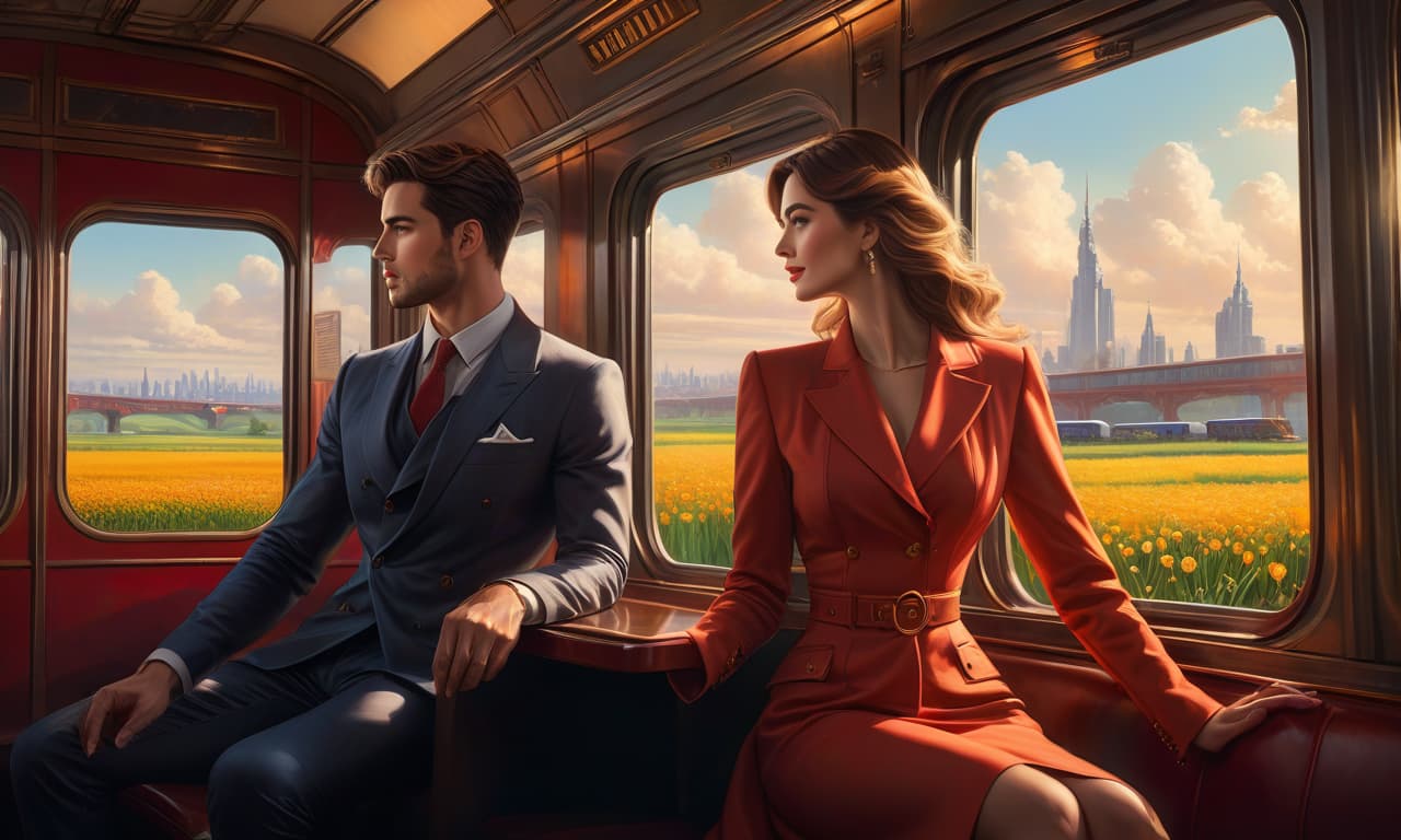  masterpiece of oil painting, fine brush, Two lovers are sitting in a train compartment a young man and a woman looking at each other. Outside the window there are spring fields in the suburbs of a big city, a sunny spring day, high detail, high quality image, anthropomorphic, comic, color illustration style hyperrealistic, full body, detailed clothing, highly detailed, cinematic lighting, stunningly beautiful, intricate, sharp focus, f/1. 8, 85mm, (centered image composition), (professionally color graded), ((bright soft diffused light)), volumetric fog, trending on instagram, trending on tumblr, HDR 4K, 8K