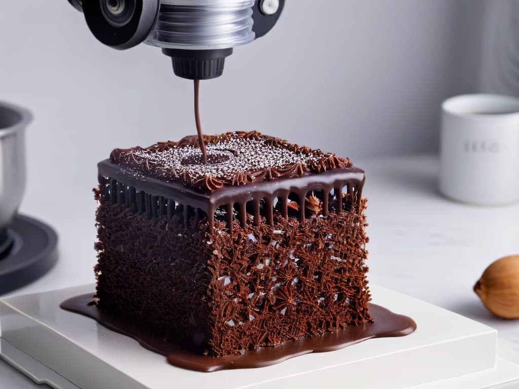  A minimalist image of a sleek, futuristic 3D printer intricately crafting a detailed and ornate chocolate sculpture, with rich, glossy chocolate material spooling out of the machine in a mesmerizing swirl pattern. The background is a soft focus of a modern kitchen setting, enhancing the futuristic and artistic feel of the chocolate printing process. hyperrealistic, full body, detailed clothing, highly detailed, cinematic lighting, stunningly beautiful, intricate, sharp focus, f/1. 8, 85mm, (centered image composition), (professionally color graded), ((bright soft diffused light)), volumetric fog, trending on instagram, trending on tumblr, HDR 4K, 8K