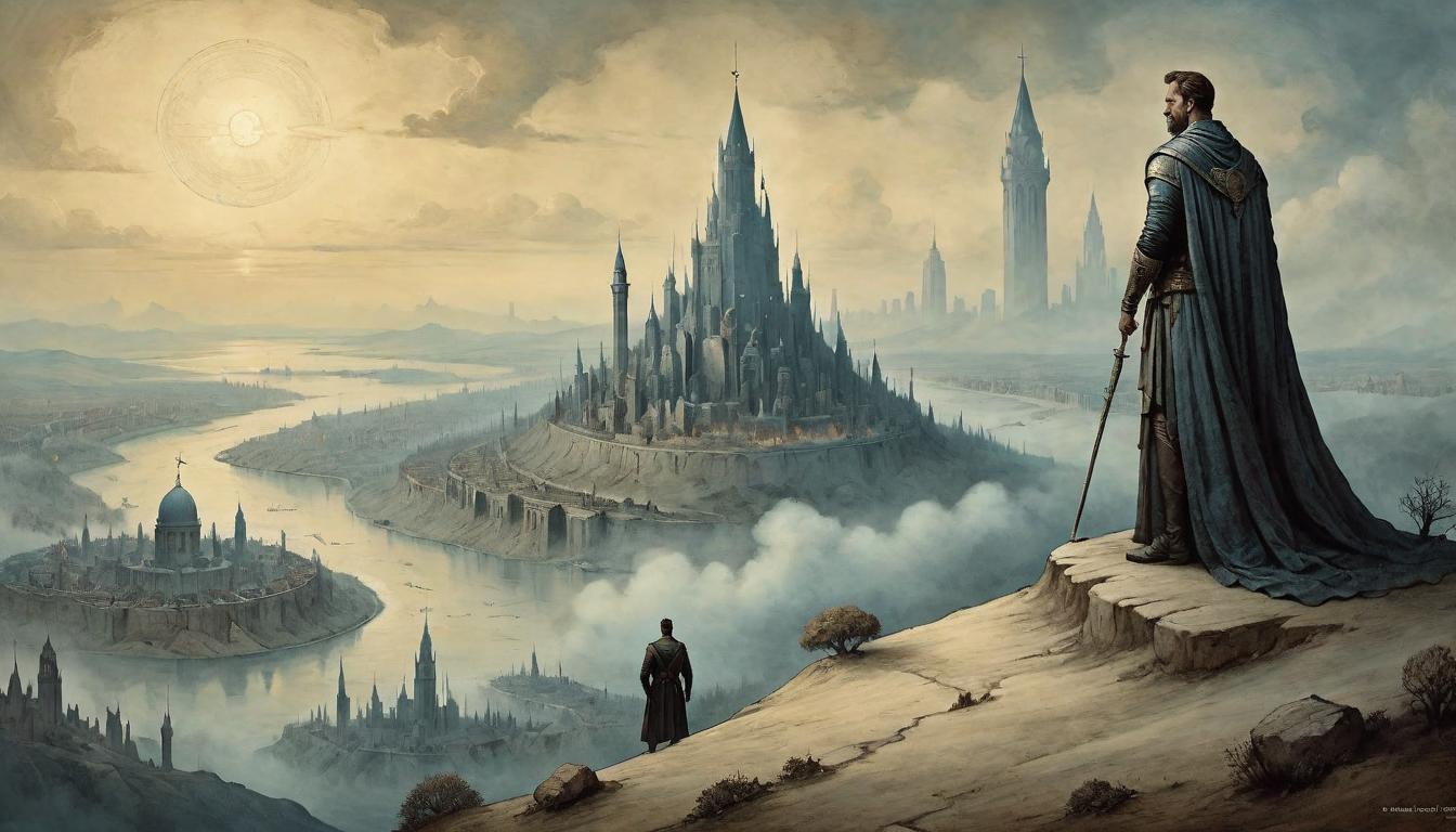  on parchment, surrealism+++, A figure standing tall atop a hill, with a faded city skyline behind, facing the dawn, harbinger of change, vanguard of the new age(mysterious, provocative, symbolic,muted color)+++