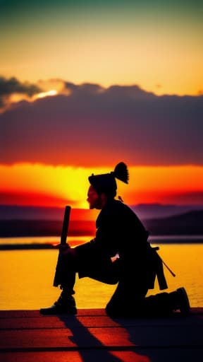  Samurai kneeling, extending his sword with both hands high in reverence, seen from the side, landscape background at sunset, intricate, highly detailed, HDR 4K, 8K