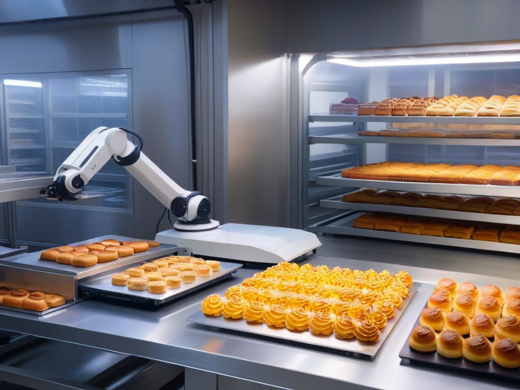  An ultradetailed 8k resolution image of a sleek and futuristic robotic arm carefully arranging trays of freshly baked pastries in a modern bakery setting. The robot's metallic surface gleams under the soft ambient lighting, showcasing intricate details like intricate joints and precise grippers delicately handling each pastry with expert precision. The background features shelves stocked with neatly organized baking ingredients, adding to the hightech and efficient atmosphere of the scene. hyperrealistic, full body, detailed clothing, highly detailed, cinematic lighting, stunningly beautiful, intricate, sharp focus, f/1. 8, 85mm, (centered image composition), (professionally color graded), ((bright soft diffused light)), volumetric fog, trending on instagram, trending on tumblr, HDR 4K, 8K