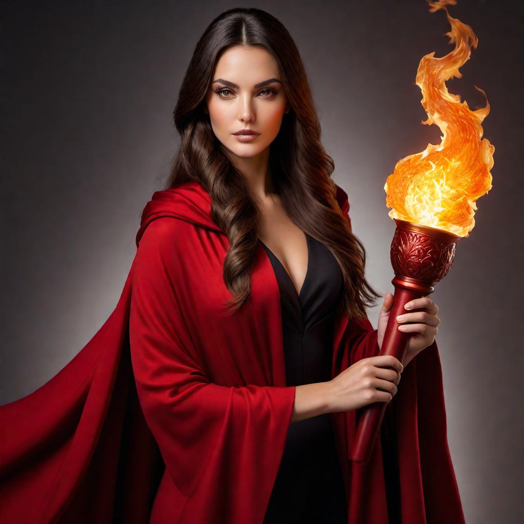  A young brunette with long hair, dressed in a closed red cloak, holding a beautiful flaming torch. Her expression is calm yet determined, and the torch flames should be vivid and dynamic, casting a warm glow on her features and surrounding the area with a soft light. hyperrealistic, full body, detailed clothing, highly detailed, cinematic lighting, stunningly beautiful, intricate, sharp focus, f/1. 8, 85mm, (centered image composition), (professionally color graded), ((bright soft diffused light)), volumetric fog, trending on instagram, trending on tumblr, HDR 4K, 8K