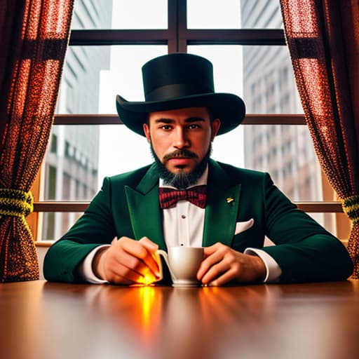  gloves,hat,bow,sitting,green_eyes,jacket,male_focus,multiple_people,solo_focus,pointy_ears,indoors,bowtie,cup,window,black_headwear,colored_skin,facial_hair,chair,formal,table,curtains,beard,furry,teacup,curly_hair,top_hat,lamp,green_skin