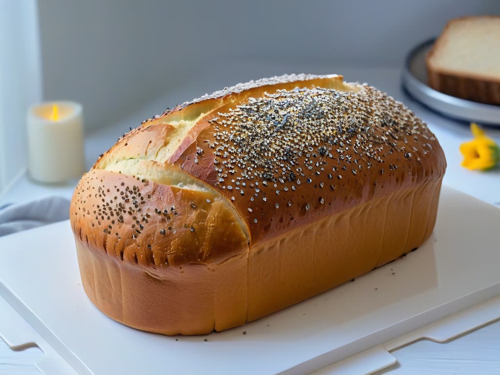  An ultradetailed closeup image of a freshly baked loaf of bread, covered in a light glaze, with a sprinkling of poppy seeds delicately placed on top. The bread is perfectly golden brown, showing a slight crack on the crust, revealing the soft and fluffy interior texture. The poppy seeds glisten under the light, showcasing their tiny details and adding a touch of elegance to the overall minimalistic composition. hyperrealistic, full body, detailed clothing, highly detailed, cinematic lighting, stunningly beautiful, intricate, sharp focus, f/1. 8, 85mm, (centered image composition), (professionally color graded), ((bright soft diffused light)), volumetric fog, trending on instagram, trending on tumblr, HDR 4K, 8K