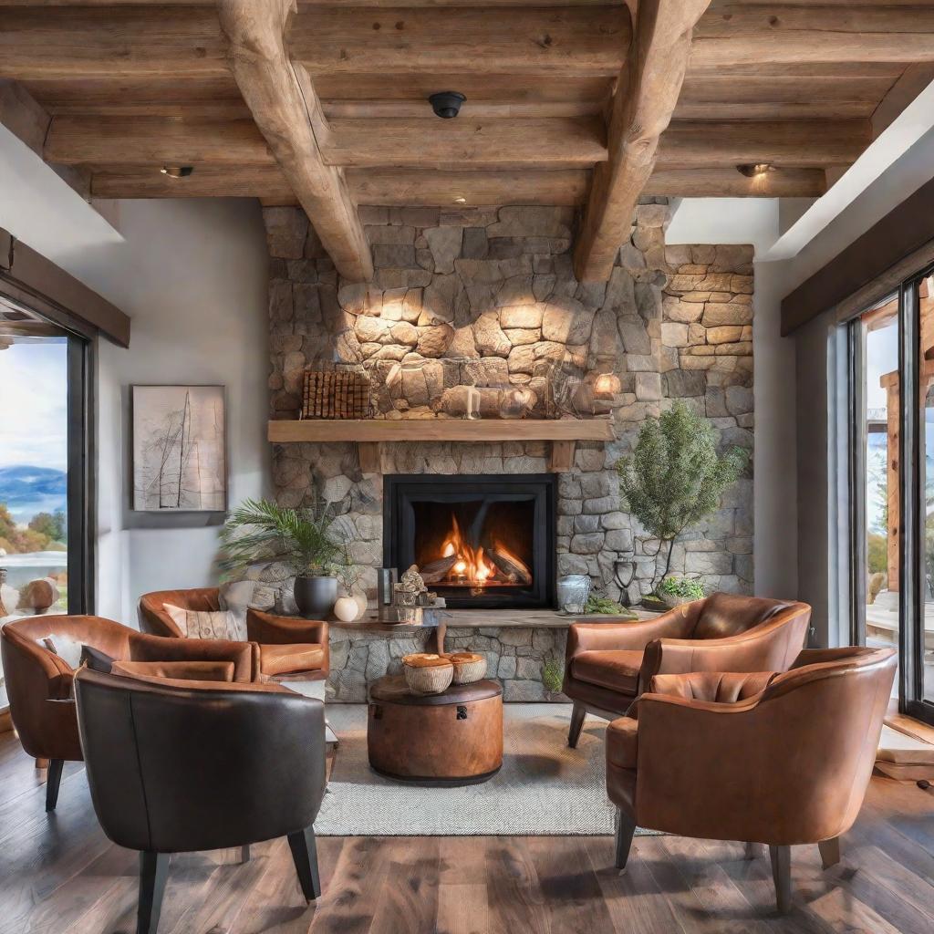   Design a cozy den with exposed wooden beams, a stone fireplace, and leather armchairs for a refined yet rustic feel. 8k, cinematic lighting, HDR