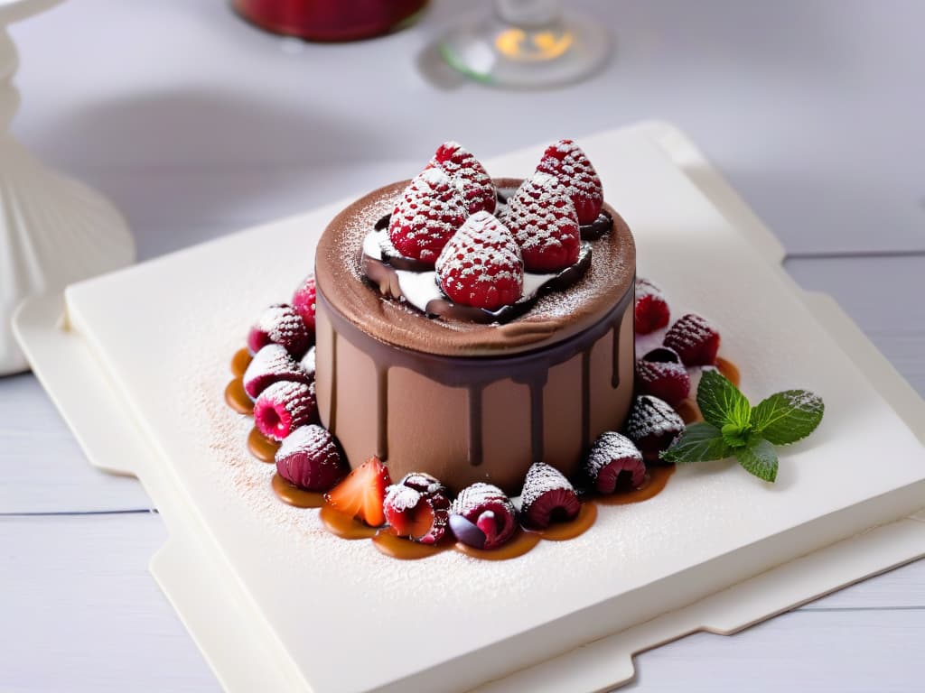  A closeup, photorealistic image of a decadent vegan chocolate mousse being delicately drizzled with a rich raspberry coulis. The mousse is smooth and creamy, with a glossy sheen, topped with fresh raspberries and mint leaves for garnish. The background is softly blurred to keep the focus on the luxurious dessert, highlighting its indulgent texture and vibrant colors. hyperrealistic, full body, detailed clothing, highly detailed, cinematic lighting, stunningly beautiful, intricate, sharp focus, f/1. 8, 85mm, (centered image composition), (professionally color graded), ((bright soft diffused light)), volumetric fog, trending on instagram, trending on tumblr, HDR 4K, 8K